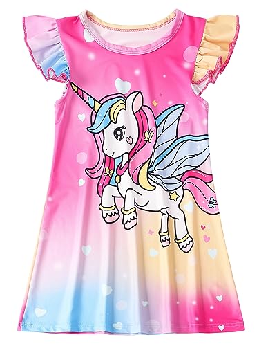 AmzBarley Unicorn Party Nightgown for Girls Unicorns Rainbow Petal Sleeves Nightie Night Dresses Child Sleep Clothes Dressing Gown Pink 5-6 Years 130
