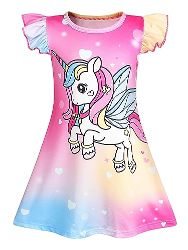 AmzBarley Unicorn Party Nightgown for Girls Unicorns Rainbow Petal Sleeves Nightie Night Dresses Child Sleep Clothes Dressing Gown Pink 5-6 Years 130