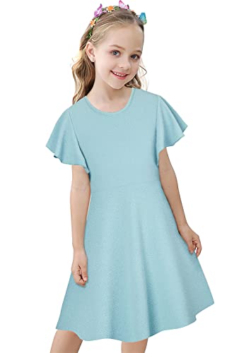 Dress for Girl Blue Dress Kids Girls Casual Cute Sundress Dresses for Girls 11-12years Summer Short Sleeve Stretchy Plain Girls Dress