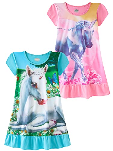 SOIBEEN Girls Nighties Unicorn Nightgowns 2-Pack Nightdress Cotton Short Sleeve Sleepwear for Girls 4-5 Years