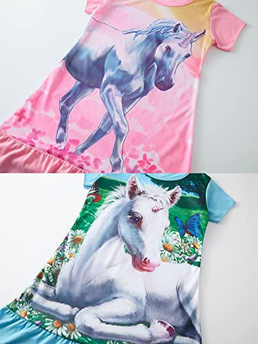 SOIBEEN Girls Nighties Unicorn Nightgowns 2-Pack Nightdress Cotton Short Sleeve Sleepwear for Girls 4-5 Years