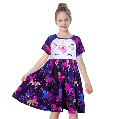 MHJY Girls Nightdress Unicorn Girls' Nighties Princess Nightgown Sleepwear Night Dress Short Sleeve Nightwear for Kids Dark Purple