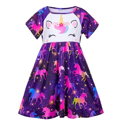 MHJY Girls Nightdress Unicorn Girls' Nighties Princess Nightgown Sleepwear Night Dress Short Sleeve Nightwear for Kids Dark Purple
