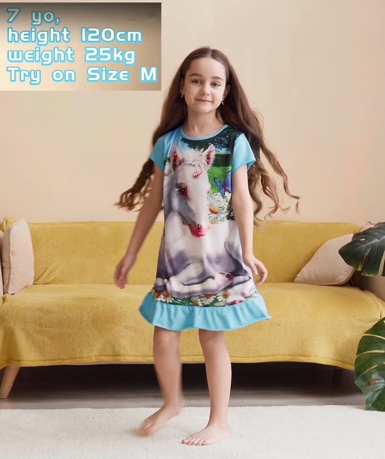SOIBEEN Girls Nighties Unicorn Nightgowns 2-Pack Nightdress Cotton Short Sleeve Sleepwear for Girls 4-5 Years