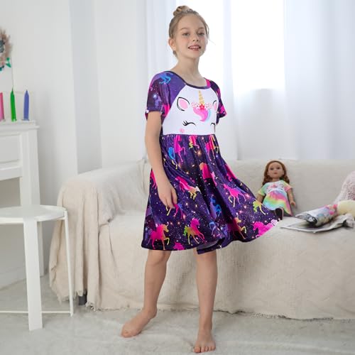 MHJY Girls Nightdress Unicorn Girls' Nighties Princess Nightgown Sleepwear Night Dress Short Sleeve Nightwear for Kids Dark Purple