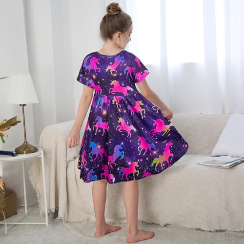 MHJY Girls Nightdress Unicorn Girls' Nighties Princess Nightgown Sleepwear Night Dress Short Sleeve Nightwear for Kids Dark Purple