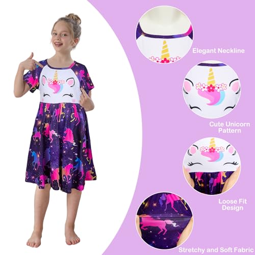 MHJY Girls Nightdress Unicorn Girls' Nighties Princess Nightgown Sleepwear Night Dress Short Sleeve Nightwear for Kids Dark Purple