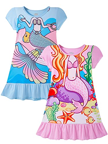 LOLPIP Girls Night Dress Mermaid Nighties Short Sleeve Pyjama Nightgown Dress for Kids Sleepwear for Girls Nightdress 3-4 Years