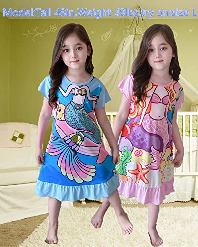 LOLPIP Girls Night Dress Mermaid Nighties Short Sleeve Pyjama Nightgown Dress for Kids Sleepwear for Girls Nightdress 3-4 Years