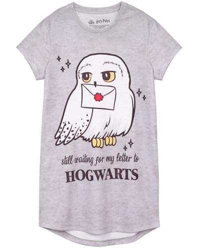 Harry Potter Girls Pyjama Night Dress For Girls | Hogwarts T-shirt Nightie | Hedwig Kids Nightgown 9-10 Years Grey