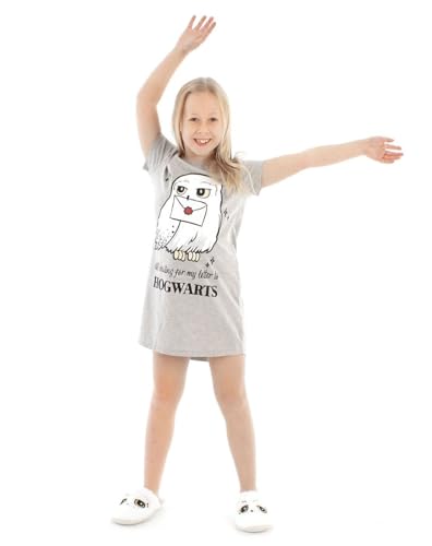 Harry Potter Girls Pyjama Night Dress For Girls | Hogwarts T-shirt Nightie | Hedwig Kids Nightgown 9-10 Years Grey