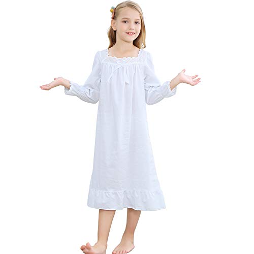 Flwydran Girls Nightgown Long Vintage Toddler Sleep Dress 100% Princess Woven Cotton Nightwear, Long Sleeve White, 150(For Height 140-150 cm)