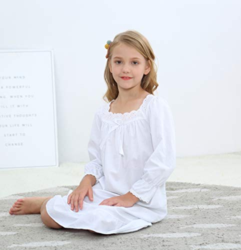 Flwydran Girls Nightgown Long Vintage Toddler Sleep Dress 100% Princess Woven Cotton Nightwear, Long Sleeve White, 150(For Height 140-150 cm)