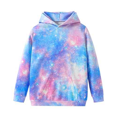 Momkonzz Kids Clothes Girls Jumper 3D Hoodies Children Sweatshirt Funny Hooded Pullover Long Sleeve Top Casual Shirt with Kangaroo Pocket Purple Starry Sky 10-12 Years