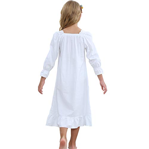 Flwydran Girls Nightgown Long Vintage Toddler Sleep Dress 100% Princess Woven Cotton Nightwear, Long Sleeve White, 150(For Height 140-150 cm)