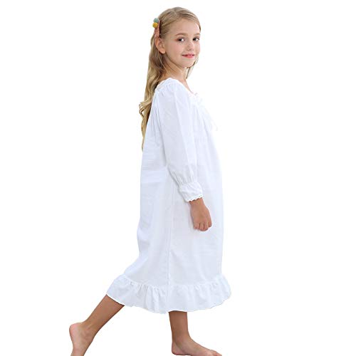 Flwydran Girls Nightgown Long Vintage Toddler Sleep Dress 100% Princess Woven Cotton Nightwear, Long Sleeve White, 150(For Height 140-150 cm)