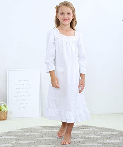 Flwydran Girls Nightgown Long Vintage Toddler Sleep Dress 100% Princess Woven Cotton Nightwear, Long Sleeve White, 150(For Height 140-150 cm)