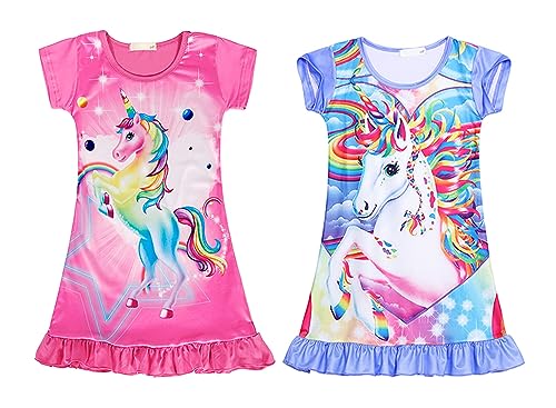 AmzBarley Unicorn Nighties Girls Nightgown Dressing Gowns Nightdress Nightwear Nightclothes Kids Night Dress Shirt Outfit Rose+Purple 7 8 Years 140