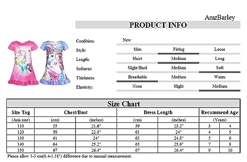 AmzBarley Unicorn Nighties Girls Nightgown Dressing Gowns Nightdress Nightwear Nightclothes Kids Night Dress Shirt Outfit Rose+Purple 7 8 Years 140