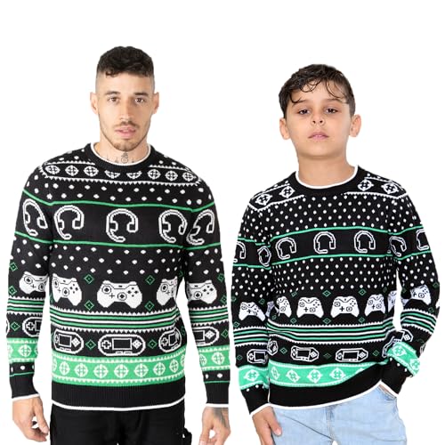 NOROZE Men's Matching Christmas Jumpers for Family Dad Son Matching Jumper Retro Gaming Xmas Jumper Unisex Sweater Boys Top (11-12 Years, Headphone Controller Green)
