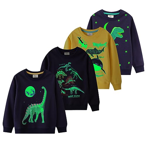 PythJooh Baby Boy Glow in The Dark Sweatshirt Kids Long Sleeve Cartoon Dinosaurs Sharks Animals Jumper Sweatshirt Tops for 1-7Years