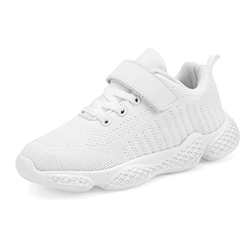 Piup Kids White Running Trainers Boys Outdoor Knit Mesh Breathable Tennis Sneakers Girls Casual Walking Athletic Shoes Big Kid Size 2.5 UK