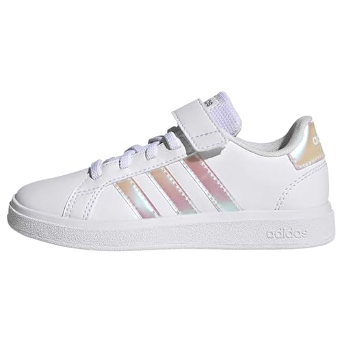 adidas Grand Lifestyle Court Elastic Lace and Top Strap Sneaker, FTWR White/Iridescent/FTWR White, 2 UK Child