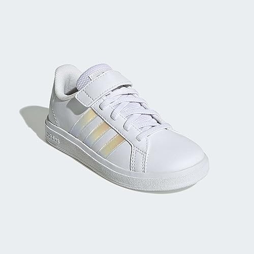 adidas Grand Lifestyle Court Elastic Lace and Top Strap Sneaker, FTWR White/Iridescent/FTWR White, 2 UK Child
