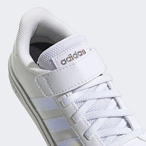 adidas Grand Lifestyle Court Elastic Lace and Top Strap Sneaker, FTWR White/Iridescent/FTWR White, 2 UK Child