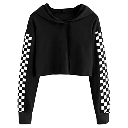 OFIMAN Kids Hoodies for Girl Crop Top Tee T-Shirt Toddler Plaid Long Sleeve Sweatshirt Unisex Casual Clothes Hooded Pullover(Black, 9-10 Years)