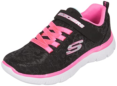 Skechers Girl's Summits Worth Wild Sneaker, Black Sparkle Mesh Neon Pink Trim, 2 UK