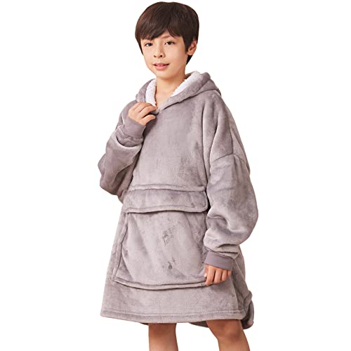 Chokoter Blanket Hoodie for Kids 7-14 years, Oversized Hoodie Blanket, Super Soft Flannel Sherpa Oversized Blanket Hoodie Kids, Warm Comfortable Hooded Robe, Gifts Compatible Gamers Boys Girls(Grey)