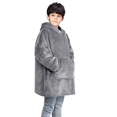 Uplayteck Oversized Hoodie Blanket , Wearable , Super Soft Warm Comfy with Giant Hoody Plush Fleece One Size Cosy Hoody Jumper Fit for Kids Boys Girls Teens Indoor Outdoor (Grey)