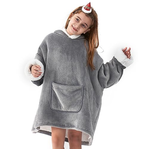 Hansleep Oversized Wearable Blanket Hoodies for Girl & Boy, Sherpa Fleece Hoodie Blanket for Kids, Warm Hooded Snuggle Blanket as Gifts for Girls Kids, 75x72 cm, Grey