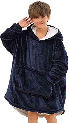 Kids, Wearable Fleece Blanket Hoodie, Snuggle Hooded Blanket Dressing Gown with Pocket for Boys Girls Children Blue