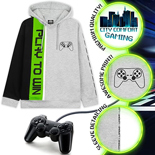 CityComfort Hoodies for Boys Kids Gaming Hooded Sweatshirt Gamer Gifts (Grey/Green, 7-8 Years)