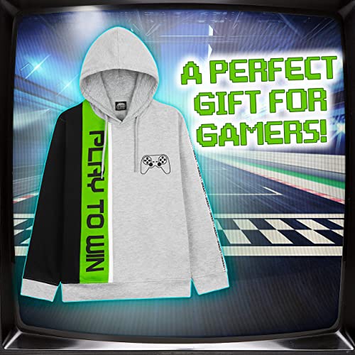 CityComfort Hoodies for Boys Kids Gaming Hooded Sweatshirt Gamer Gifts (Grey/Green, 7-8 Years)