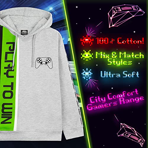 CityComfort Hoodies for Boys Kids Gaming Hooded Sweatshirt Gamer Gifts (Grey/Green, 7-8 Years)
