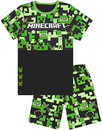 Minecraft Pyjamas For Boys | Kids Long Or Short Bottoms Options & Gamer T-Shirt | Childrens Creeper PJ Set Merchandise Gifts 6-7 Years