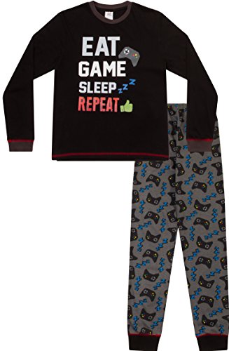 ThePyjamaFactory Boys Eat Game Sleep Controller Long Pyjamas, Black, 14-15 Years