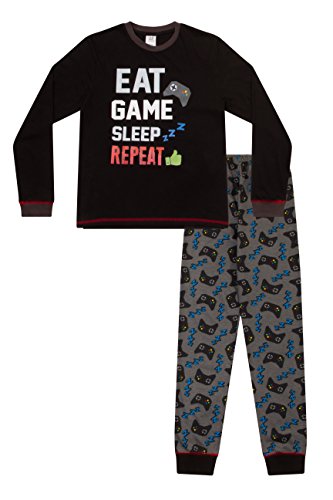 ThePyjamaFactory Boys Eat Game Sleep Controller Long Pyjamas, Black, 14-15 Years
