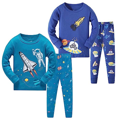 LOLPIP Long Sleeve Pyjamas Sets for Boys 100% Cotton Pajamas 4-Piece Kids PJs Size 5-6 Years Rockets Blue