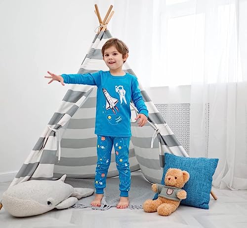 LOLPIP Long Sleeve Pyjamas Sets for Boys 100% Cotton Pajamas 4-Piece Kids PJs Size 5-6 Years Rockets Blue
