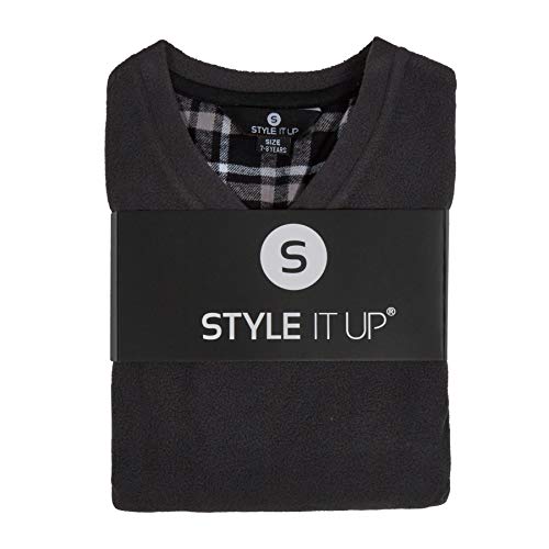 Style It Up Boys/Kids Pyjama Plain Long Sleeve Top & Check Pants/Bottom Children soft fleece (GREY, 11-12 Years)