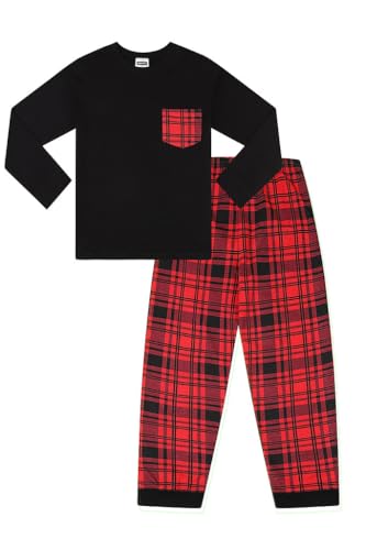 ThePyjamaFactory Children's - Boys Black/Red Pyjamas Plain Long Sleeve Top & Woven Tartan Check Bottoms (13-14 Years)