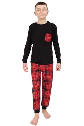 ThePyjamaFactory Children's - Boys Black/Red Pyjamas Plain Long Sleeve Top & Woven Tartan Check Bottoms (13-14 Years)