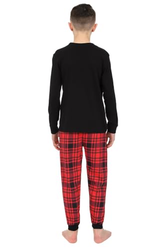 ThePyjamaFactory Children's - Boys Black/Red Pyjamas Plain Long Sleeve Top & Woven Tartan Check Bottoms (13-14 Years)