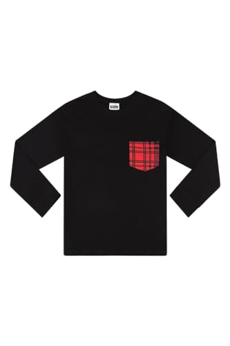 ThePyjamaFactory Children's - Boys Black/Red Pyjamas Plain Long Sleeve Top & Woven Tartan Check Bottoms (13-14 Years)