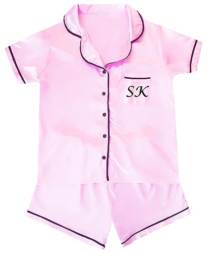 JJLC Girls Personalised Satin Pink Pyjamas Button Collar Nightwear (Pink Personalised - 13 Years)