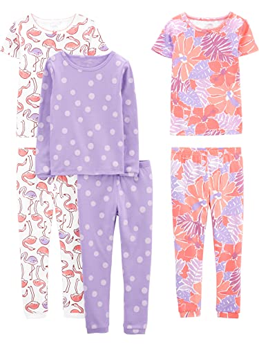 Simple Joys by Carter's Girl's 6-Piece Snug Fit Cotton Pajama Set, Lilac Dots/White Flamingo/Floral, 5 Years (Pack of 3)
